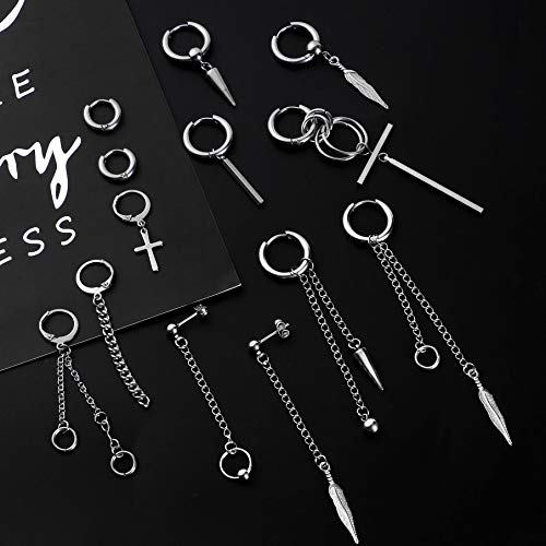 Tacobaer 13 Piezas Pendientes Hombre Plata Pendientes Aros Acero Inoxidable Cruz Pendientes Set Unisex Gota Colgantes Pendientes para Hombre Mujer