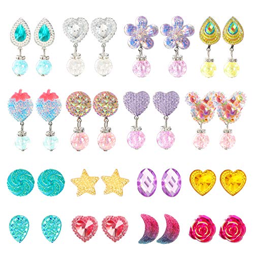 Tacobear 16 Pares Pendientes de Clip Niña Cristal Pendientes Aretes Sin Agujero Colgantes Corazón Brillantes Estrella Flor Minnie Fresa Princesa Disfraz Joyería Juguete Regalo Chica