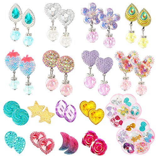 Tacobear 16 Pares Pendientes de Clip Niña Cristal Pendientes Aretes Sin Agujero Colgantes Corazón Brillantes Estrella Flor Minnie Fresa Princesa Disfraz Joyería Juguete Regalo Chica