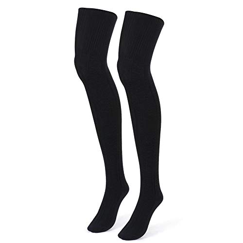 Tacobear 2 Pares Calcetines Altos Muslo Mujer Calcetines Largos Sobre la Rodilla Muslo Calcetines Invierno Caliente Algodón Calcetines la Rodilla para Mujer Niña (negro + negro)