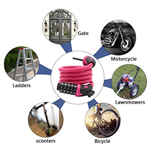 TAKEBEST Candado de Bicicleta Antirrobo Bloqueo Cable, Candado Bicicleta Combinación Alta Seguridad Antirrobo 5 Dígitos con Cadena de Material Ecológico de PVC, 120cm X12mm, Rosado