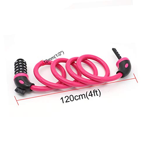 TAKEBEST Candado de Bicicleta Antirrobo Bloqueo Cable, Candado Bicicleta Combinación Alta Seguridad Antirrobo 5 Dígitos con Cadena de Material Ecológico de PVC, 120cm X12mm, Rosado