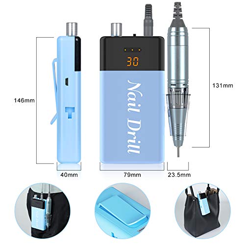 Taladro de Uñas Eléctrico Recargable Pulidor de Uñas Profesional de 30000 RPM Pantalla LCD Torno para Uñas Portátil para Manicura y Pedicura para Salón o Bricolaje en Casa - 6 Brocas de Uñas Incluidas