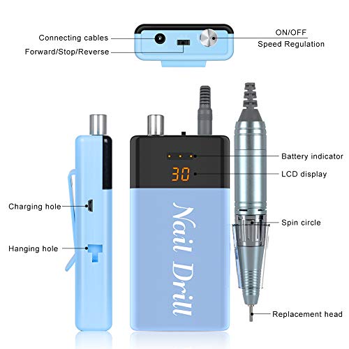 Taladro de Uñas Eléctrico Recargable Pulidor de Uñas Profesional de 30000 RPM Pantalla LCD Torno para Uñas Portátil para Manicura y Pedicura para Salón o Bricolaje en Casa - 6 Brocas de Uñas Incluidas