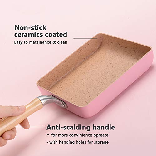 Tamagoyaki japonesa Sartén Tortilla de quemadores y la inducción Placas, antiadherente Sartén con tapa de madera y silicona Turner,Rosado