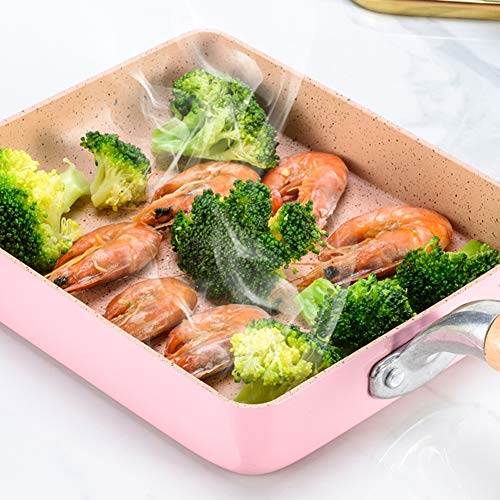 Tamagoyaki japonesa Sartén Tortilla de quemadores y la inducción Placas, antiadherente Sartén con tapa de madera y silicona Turner,Rosado