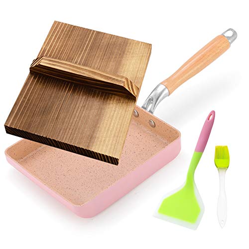 Tamagoyaki japonesa Sartén Tortilla de quemadores y la inducción Placas, antiadherente Sartén con tapa de madera y silicona Turner,Rosado