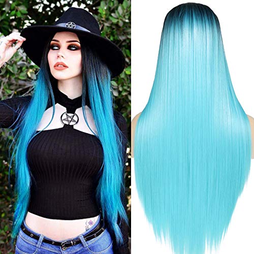 TANTAKO® Peluca Ombre Azul - Pelucas Ombre Azul Raíces Oscuras para mujer de Aspecto Natural Máquina Sintética Hecha Cosplay Pelucas llenas