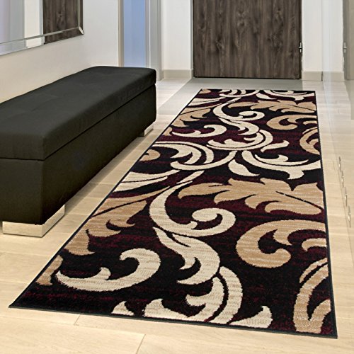 Tapiso Alfombra De Pasillo Moderna Fina - Color Beige Marrón Oscuro Diseño Hojas - Colección Fiesta 70 x 200 cm