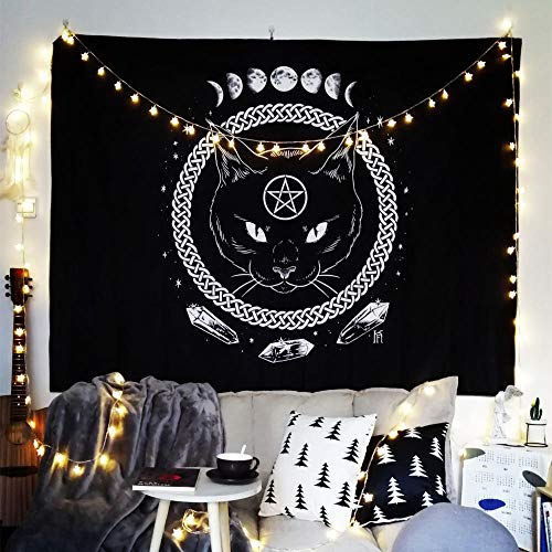 Tapiz Negro Gato Flor Rosa Tapiz Tapiz Gato Pared Alfombra Alfombra Tapiz Tarot Ouija Brujería Boho Decoración para el hogar | Decoración 100% poliéster