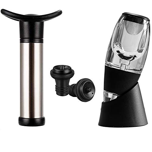 Tapón de vacío para bomba de vino y aireador de vino ASOG Wine Saver | 1 bomba de vacío + 2 tapones de vino de vacío + 1 aireador de vino, accesorios de vino regalo para amantes del vino