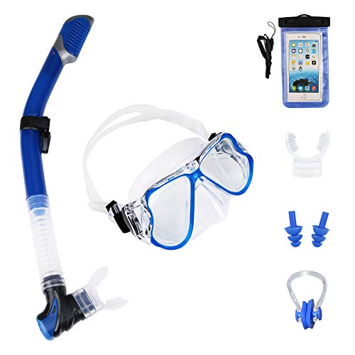 Tarnel Snorkel Set Máscara de Buceo con Snorkel Kit de Buceo Lucha contra antiniebla y Juego de Secado con 2 boquillas Auriculares Estuche para teléfono móvil a Prueba de Agua Adultos y Niños