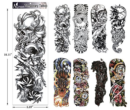 Tatuajes temporales de moda - 8 hojas de tatuajes grandes para el cuerpo. Para hombres y mujeres, resistente al agua y eliminable. No tóxicos y seguros para todas las pieles