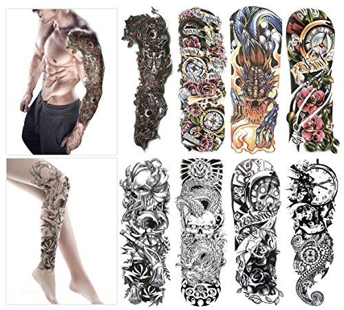 Tatuajes temporales de moda - 8 hojas de tatuajes grandes para el cuerpo. Para hombres y mujeres, resistente al agua y eliminable. No tóxicos y seguros para todas las pieles