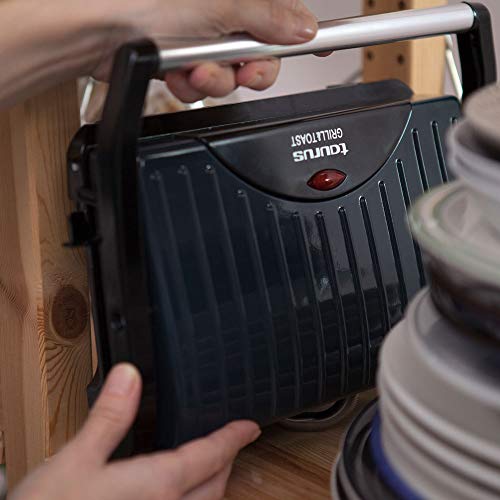 Taurus 968419000 Grill & Toast - Sandwichera con placas grill antiadherentes, 700 W, tapa basculante, gancho fijo de cierre, bandeja recoge grasas, color negro