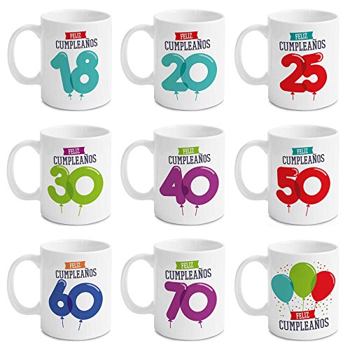 Taza Cerámica para Desayuno en Color Blanco de 300 ml, Un Regalo Original para Aniversarios - "Feliz 18 Cumpleaños"