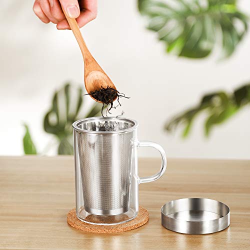 Taza de té con colador y tapa - incl. posavasos - vaso de borosilicato - taza 400ml grande