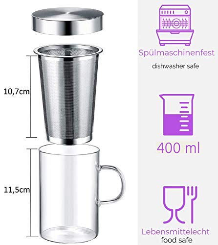 Taza de té con colador y tapa - incl. posavasos - vaso de borosilicato - taza 400ml grande