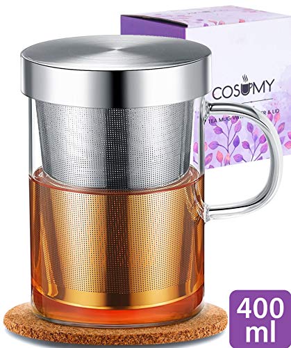 Taza de té con colador y tapa - incl. posavasos - vaso de borosilicato - taza 400ml grande