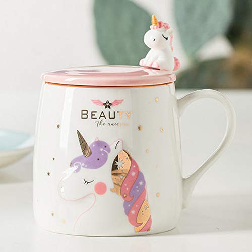 Taza Unicornio Taza de café de cerámica linda con una encantadora cuchara de unicornio, Copa de la mañana Café Novedad Té Leche Taza de navidad Regalo para niñas Amantes del unicornio 380ML (Rosado)