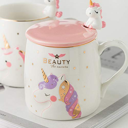 Taza Unicornio Taza de café de cerámica linda con una encantadora cuchara de unicornio, Copa de la mañana Café Novedad Té Leche Taza de navidad Regalo para niñas Amantes del unicornio 380ML (Rosado)