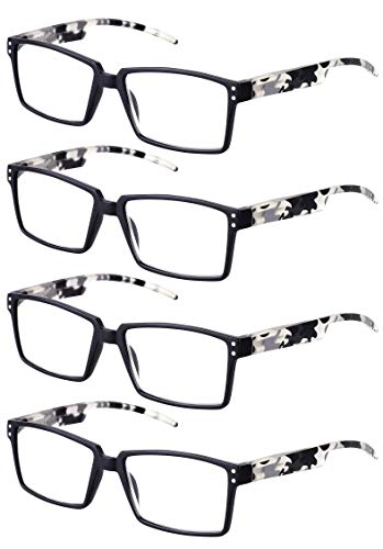 TBOC Gafas de Lectura Presbicia Vista Cansada – [Pack 4 Unidades] Graduadas +1.50 Dioptrías Montura Negra Patillas Camuflaje Negro de Diseño Moda Hombre Mujer Unisex Lentes Aumento Leer Ver Cerca