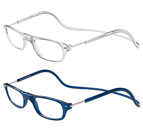 TBOC Pack: Gafas de Lectura Presbicia Vista Cansada – (Dos Unidades) Graduadas +1.00 Dioptrías Montura Transparente y Azul Hombre Mujer Imantadas Plegables Lentes Aumento Leer Ver Cerca Cuello Imán