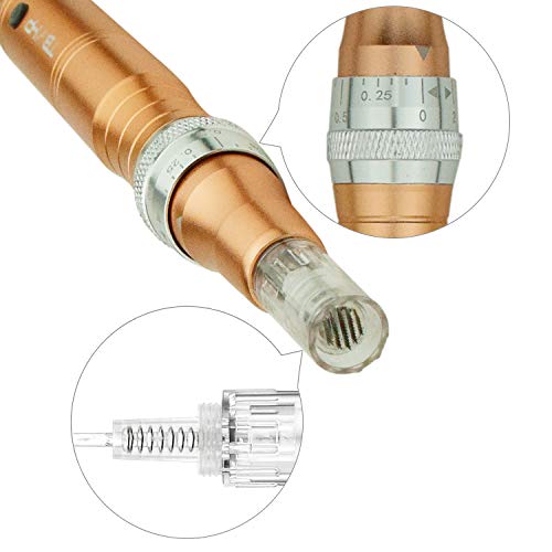 TBPHP P10 eléctrico Derma pen Microagujas 0mm-2.0mm ajustable,Anti Envejecimiento Cicatrices del acné Antiarrugas, Incluir 2pcs agujas(Dolado)