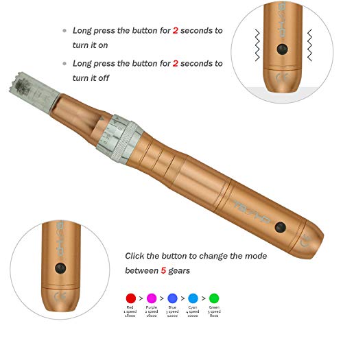 TBPHP P10 eléctrico Derma pen Microagujas 0mm-2.0mm ajustable,Anti Envejecimiento Cicatrices del acné Antiarrugas, Incluir 2pcs agujas(Dolado)