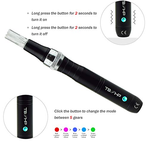 TBPHP P10 eléctrico Derma pen Microagujas 0mm-2.0mm ajustable,Anti Envejecimiento Cicatrices del acné Antiarrugas, Incluir 2pcs agujas(Negro)