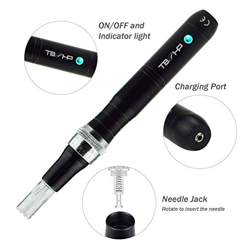 TBPHP P10 eléctrico Derma pen Microagujas 0mm-2.0mm ajustable,Anti Envejecimiento Cicatrices del acné Antiarrugas, Incluir 2pcs agujas(Negro)