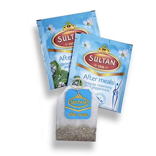 TÉ SULTAN Después de las comidas, té verde marroquí con tés de hierbas de alcaravea, romero y menta (Paquete de 4 - 80 bolsitas de té)