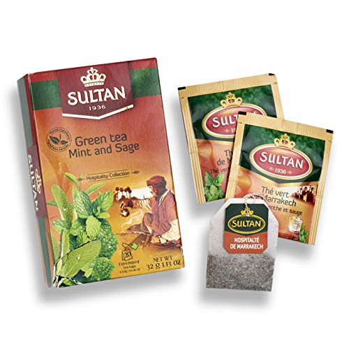 TÉ SULTAN Té verde marroquí con infusiones de menta y salvia (Paquete individual - 20 bolsitas de té)