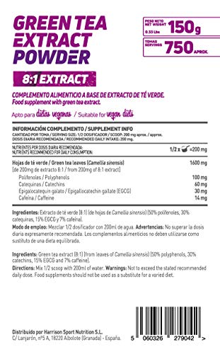 Té Verde en Polvo de HSN | Extracto 8:1 | Fuente 100% Natural de Polifenoles, Catequinas, Epigalocatequin Galato (EGCG) y Cafeína | Alto Poder Antioxidante | Vegano, Sin Gluten, Sin Lactosa, 150 gr