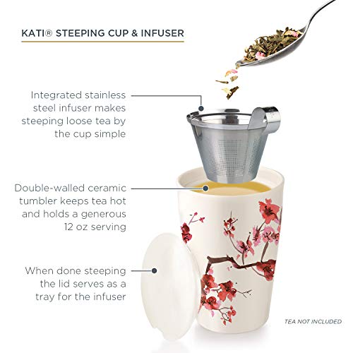 Tea Forte Kati Cup Taza de infusión de té de cerámica con cesta de infusor y tapa para remojar, Flores de Cerezas