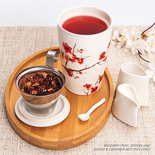 Tea Forte Kati Cup Taza de infusión de té de cerámica con cesta de infusor y tapa para remojar, Flores de Cerezas