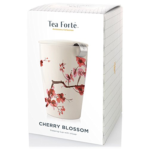 Tea Forte Kati Cup Taza de infusión de té de cerámica con cesta de infusor y tapa para remojar, Flores de Cerezas