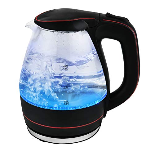 Team Kalorik Hervidor eléctrico sin cable 1.5 L de vidrio/acero inoxidable, 2200 W, Filtro de partículas, Negro/Rojo, TKG JK 1022 BR