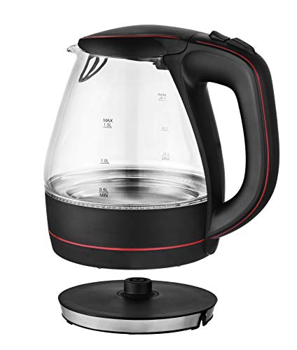 Team Kalorik Hervidor eléctrico sin cable 1.5 L de vidrio/acero inoxidable, 2200 W, Filtro de partículas, Negro/Rojo, TKG JK 1022 BR