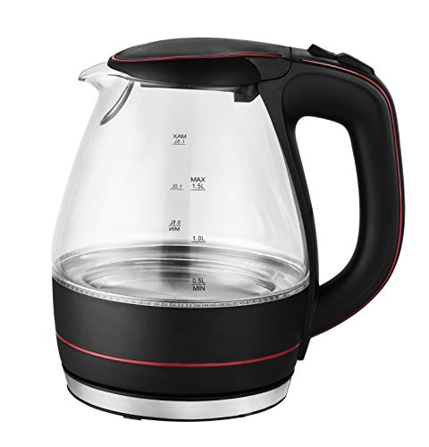 Team Kalorik Hervidor eléctrico sin cable 1.5 L de vidrio/acero inoxidable, 2200 W, Filtro de partículas, Negro/Rojo, TKG JK 1022 BR