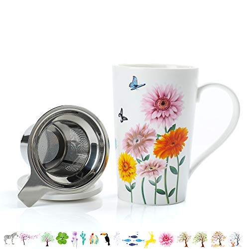 TEANAGOO M58-13 Taza de té de cerámica M58-13 con infusor y tapa, 18 oz, gerbera, bonito regalo para los amantes del té