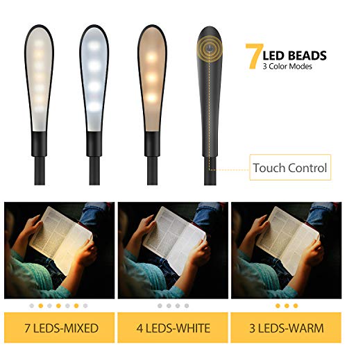 TechRise Luz LED para libros, Control Táctil y Ajuste Brillo sin Niveles con 7 LED SMD, USB Recargable, Clip de lectura Luz, Lampara para libro LED flexible y agradable a la vista para la noche