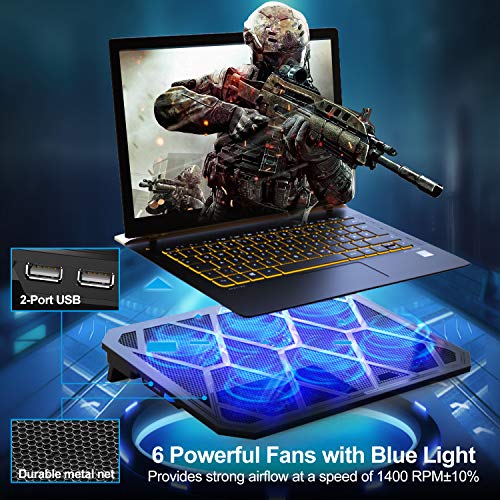 TECKNET Base de Refrigeración Gaming Ordenador Portátil hasta 19 Pulgadas, 6 Ventiladores Silenciosos y Potencias con LED Azul, 2USB 2 Niveles de Altura Ajustable