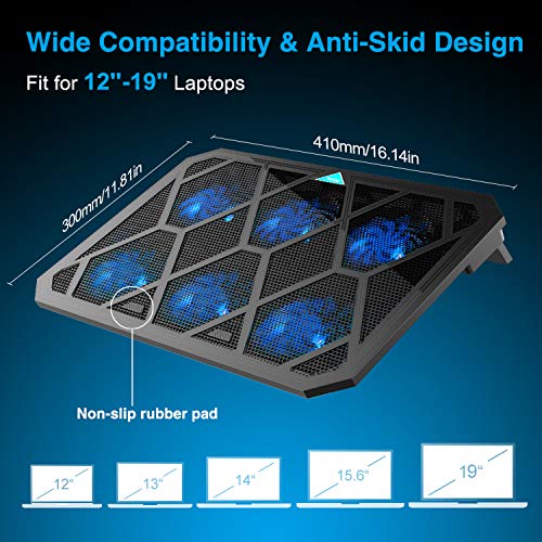 TECKNET Base de Refrigeración Gaming Ordenador Portátil hasta 19 Pulgadas, 6 Ventiladores Silenciosos y Potencias con LED Azul, 2USB 2 Niveles de Altura Ajustable