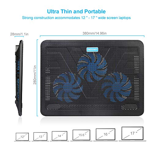 TECKNET Base de Refrigeración Ordenador Portátil de 12-17 Pulgadas 3 Ventiladores Silenciosos con Leds, 2 USB Puertos, 2 Niveles de Diseño Ajustable
