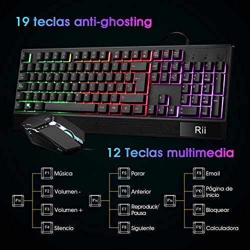 Teclado Gaming Rii RM400 Combo Rainbow Retroiluminación ,Teclado y Ratón con Cable,ratón gaming ,12 teclas multimedia y 19 teclas anti fantasma para Windows/Vista /Linux/Mac (Teclado Español,Negro)