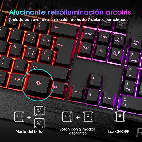 Teclado Gaming Rii RM400 Combo Rainbow Retroiluminación ,Teclado y Ratón con Cable,ratón gaming ,12 teclas multimedia y 19 teclas anti fantasma para Windows/Vista /Linux/Mac (Teclado Español,Negro)
