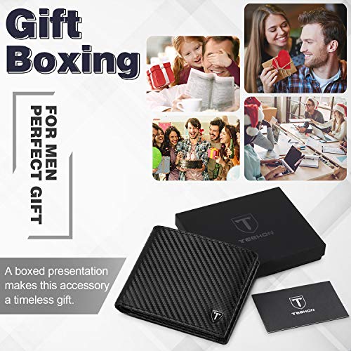 TEEHON Carteras Hombre con Monedero, Cartera Delgada Cuero de Fibra de Carbono con RIFD Bloqueo, 7 Ranuras para Tarjetas, 1 Ranuras para ID, 2 Ranuras para Billetes, 1 Ranuras para Monedas - Negro