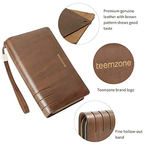 Teemzone - Bolso de mano de piel auténtica para hombre con bloqueo RFID y cierre grande, Marrón (Marrón 12 ranuras para tarjetas/bloqueo RFID), Large