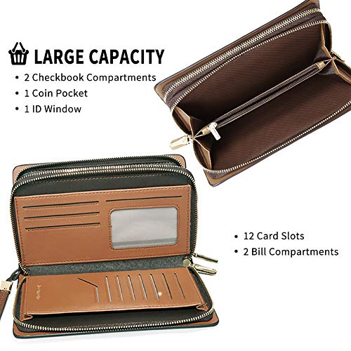 Teemzone - Bolso de mano de piel auténtica para hombre con bloqueo RFID y cierre grande, Marrón (Marrón 12 ranuras para tarjetas/bloqueo RFID), Large